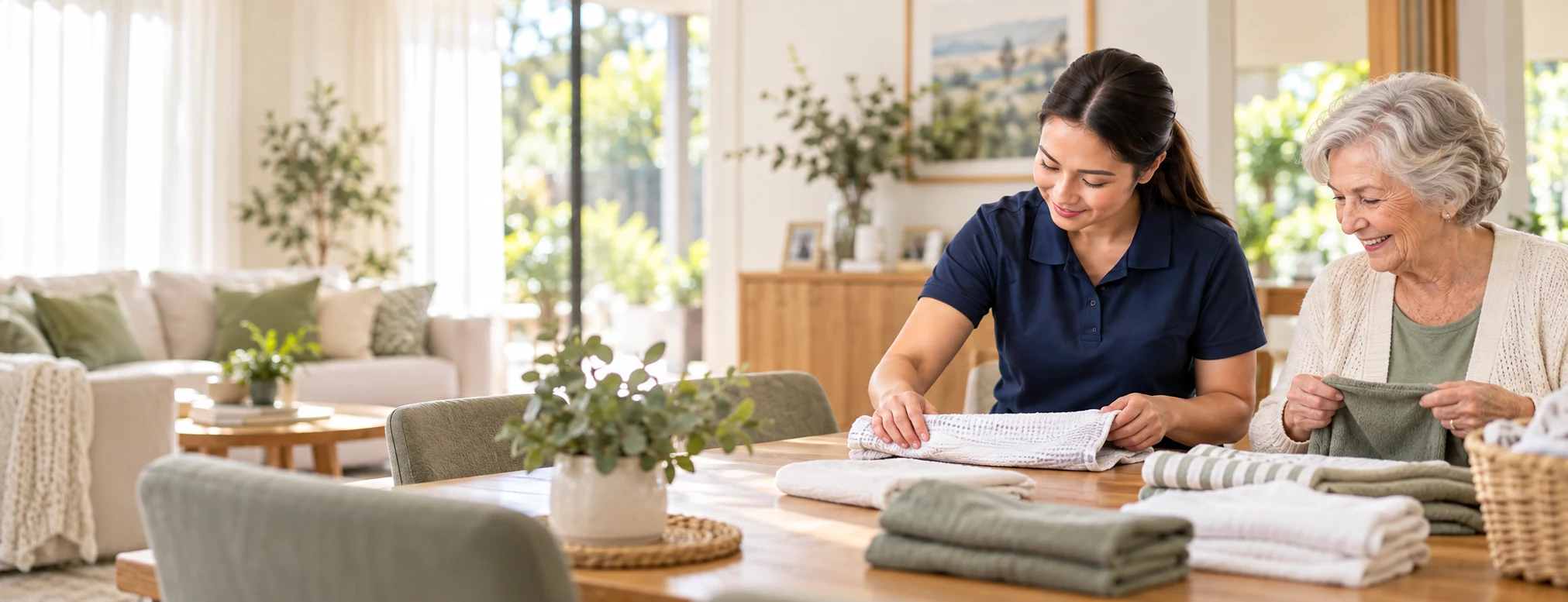 Illustration of a support worker helping an older woman with laundry at home
